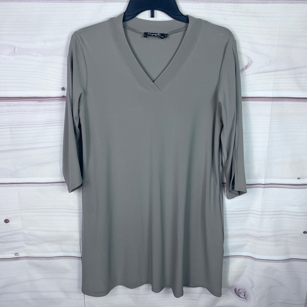 Sympli Top Womens 6 Gray V-Neck Tunic Blouse Slit Sleeve Pockets Solid Knit